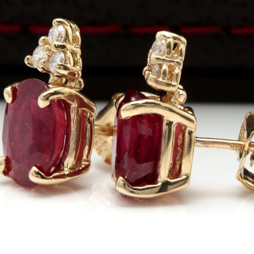 4.20ct Red Ruby & Diamond 14K Yellow Gold Earrings - Picture 3 of 4